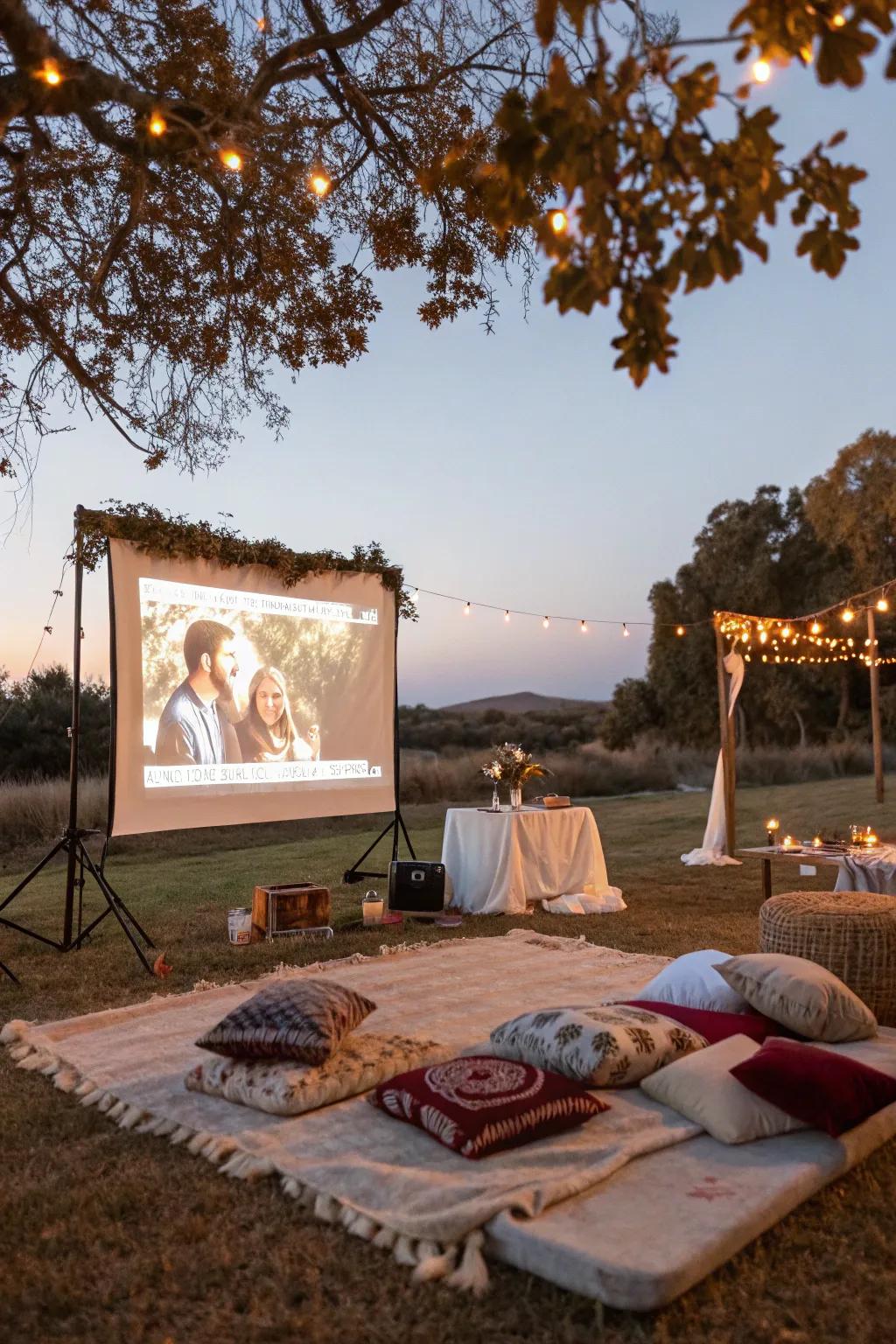 An open-air cinema soirée arrangement for a snug wedding festivity.