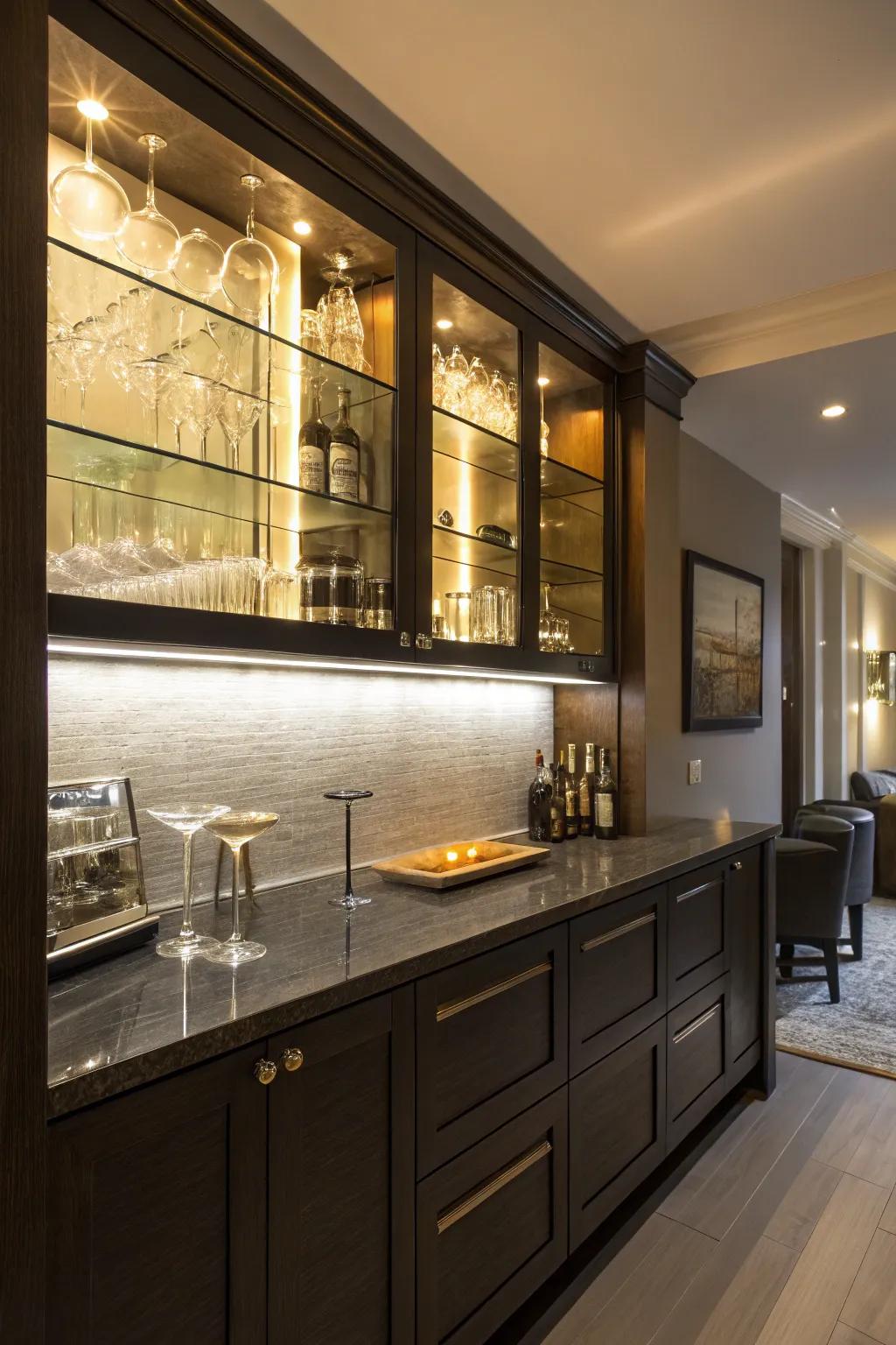 Under-cabinet lighting generates a snug atmosphere in a small wet bar.