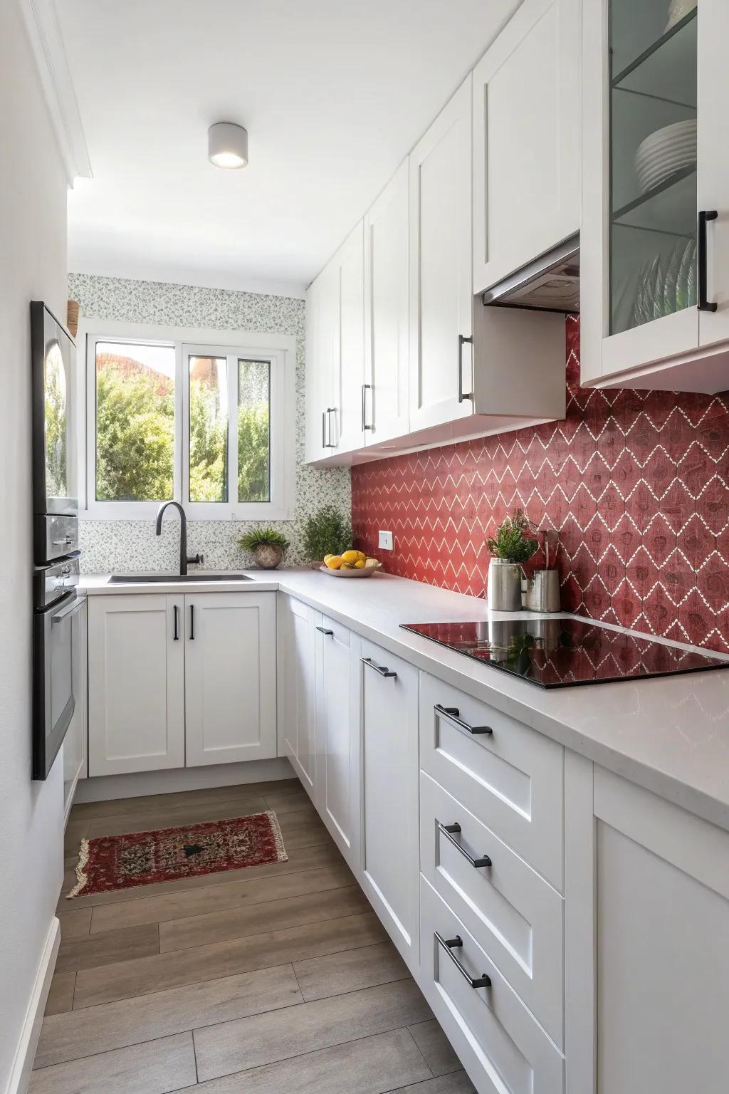 A contrasting backsplash enriches a white kitchen.
