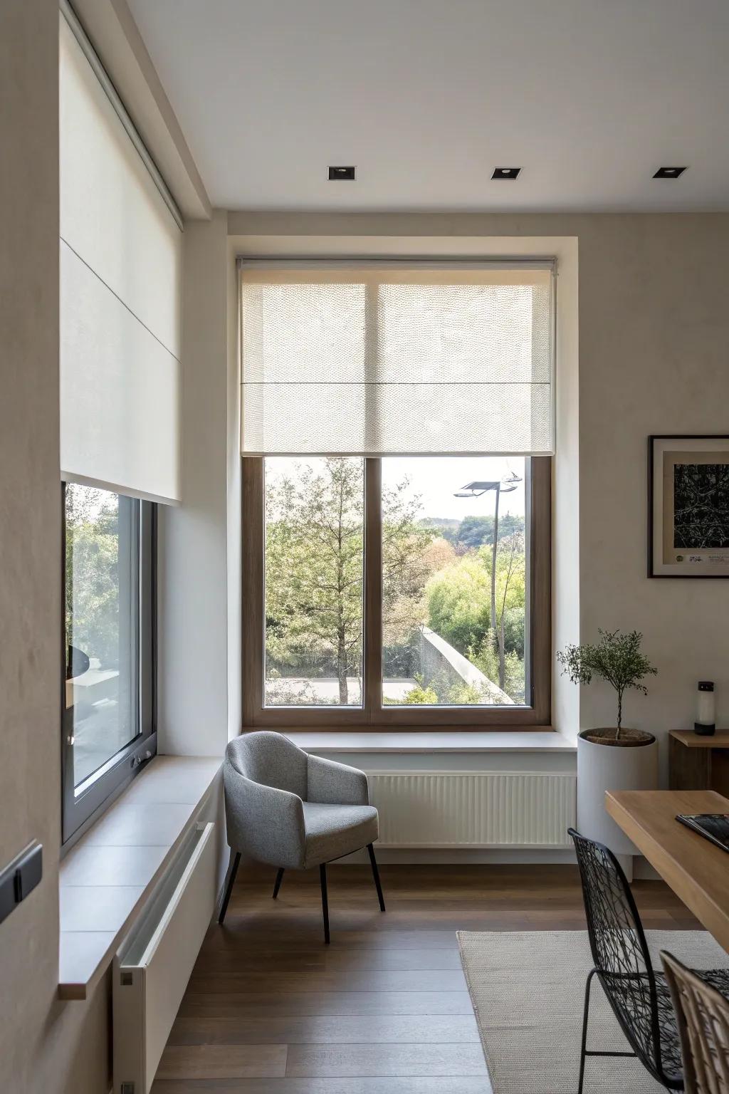Roller blinds offer a smooth and contemporary solution for smaller windows.