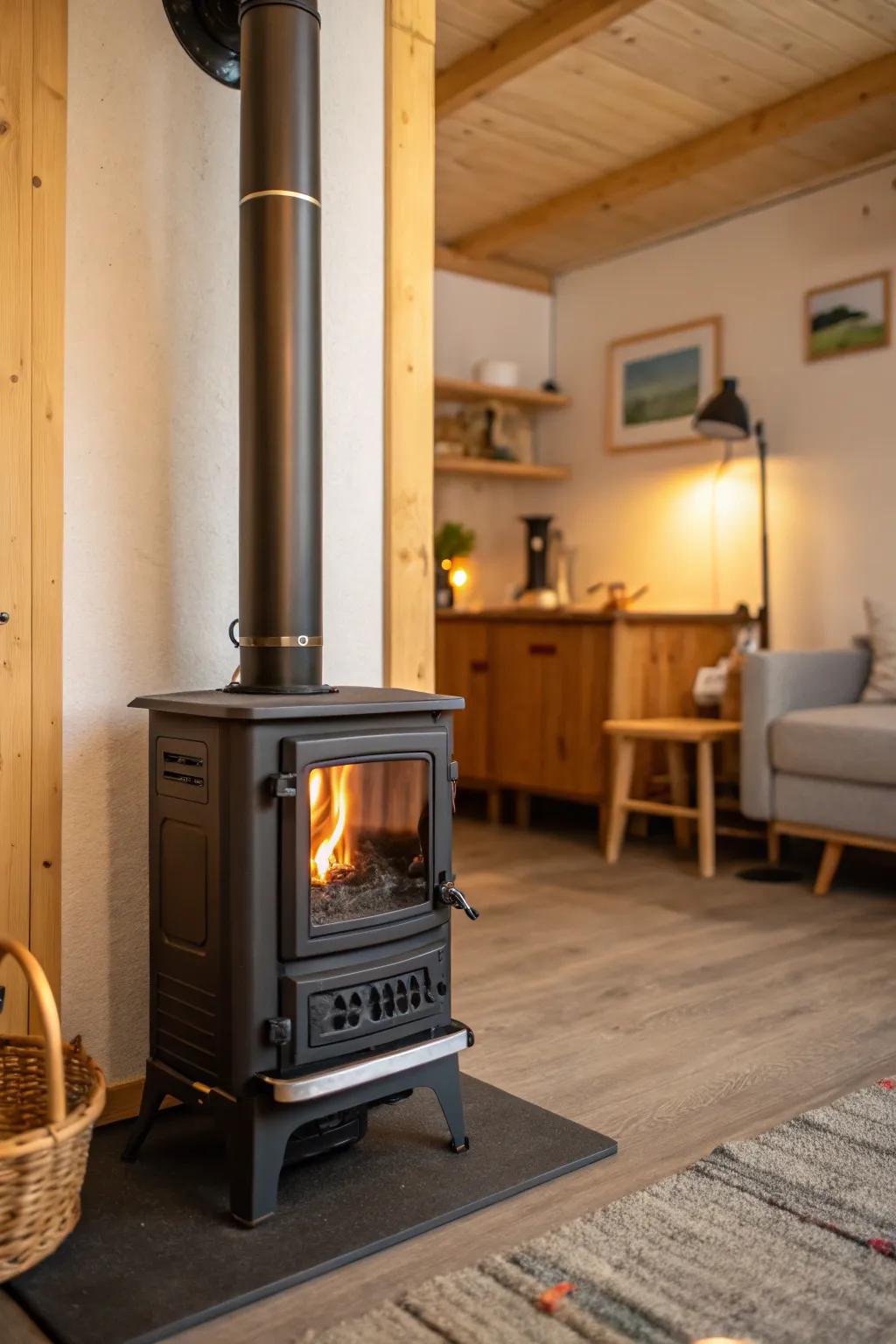 A space-saving wood stove efficiently warms a small yet stylish space.