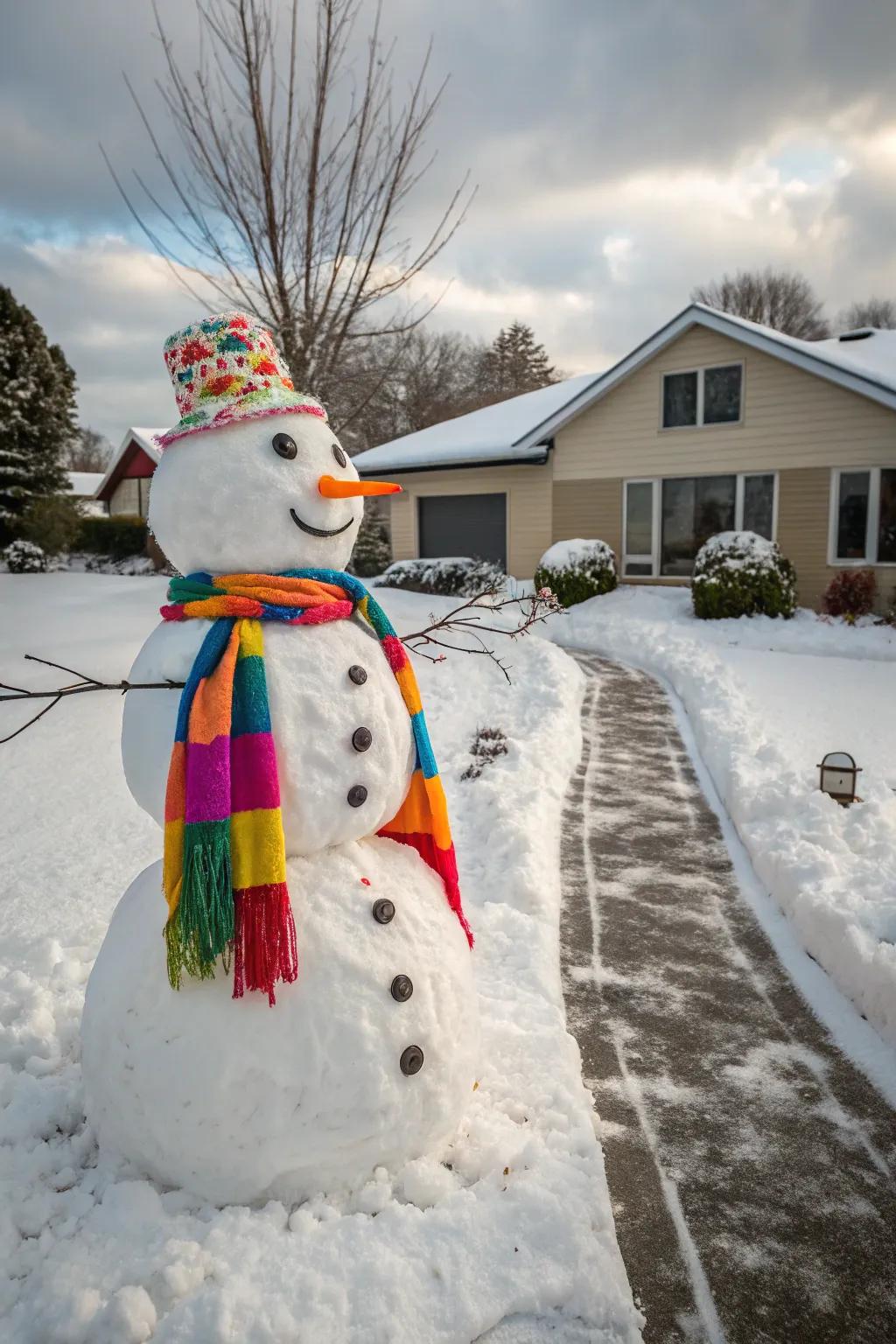 A colorful snowman bringing cheer to a winter landscape.