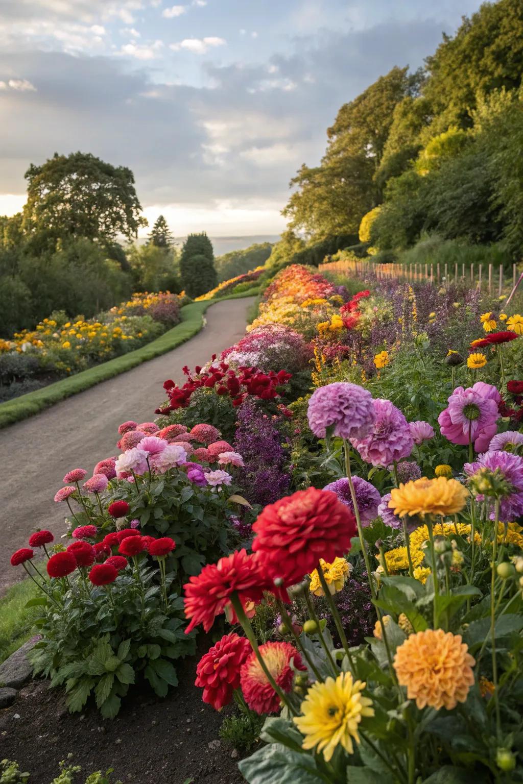 A garden brimming with colorful flowers in full bloom.