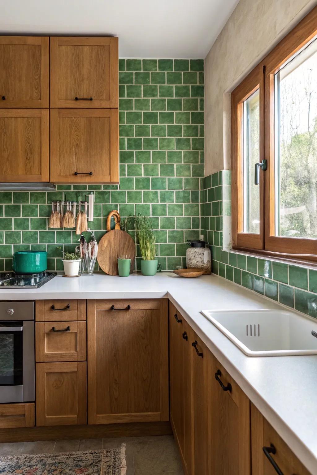 Cactus green tiles present an invigorating burst of color in a Southwest cooking space.