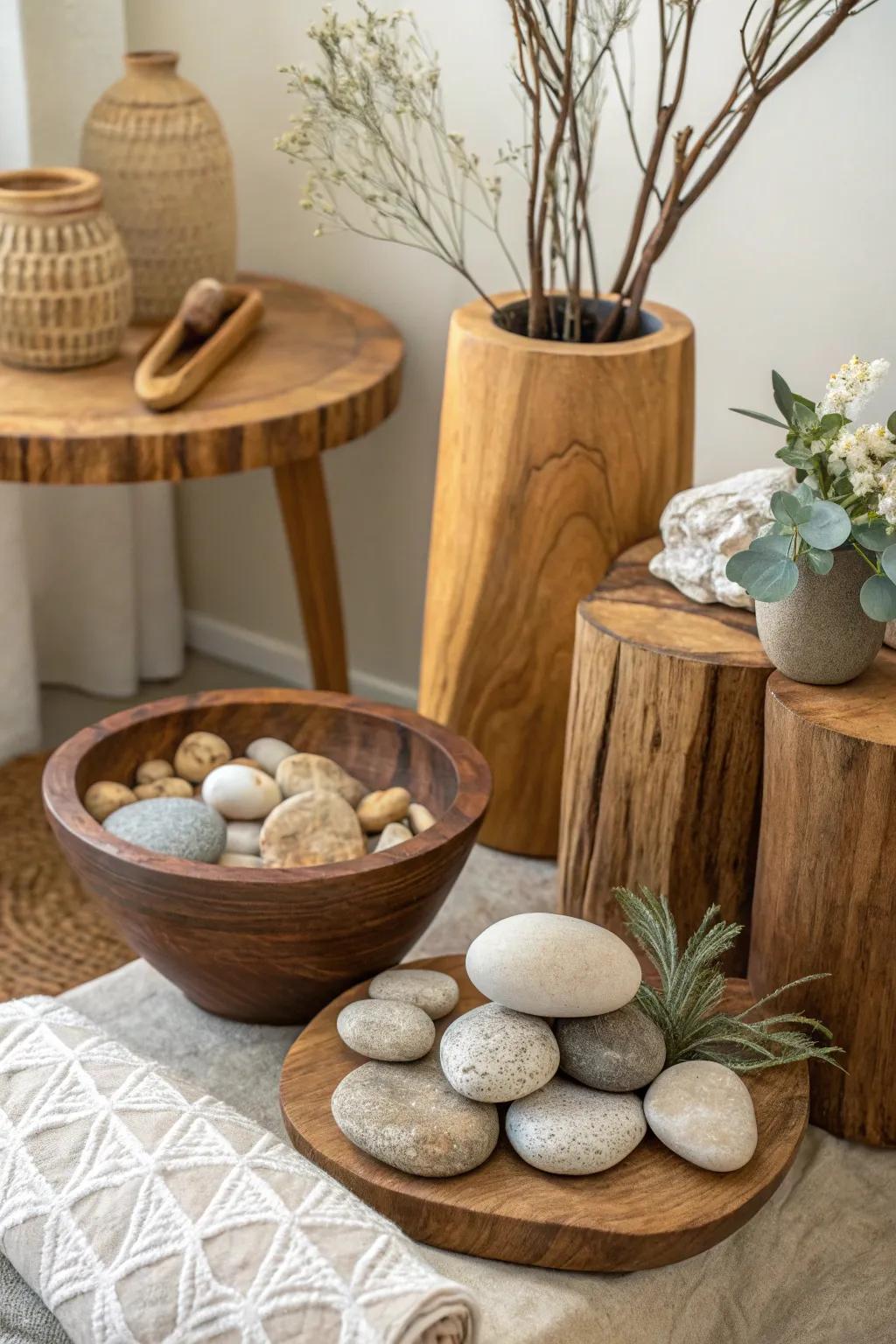 Integrate nature into your spa using stones and wooden elements.