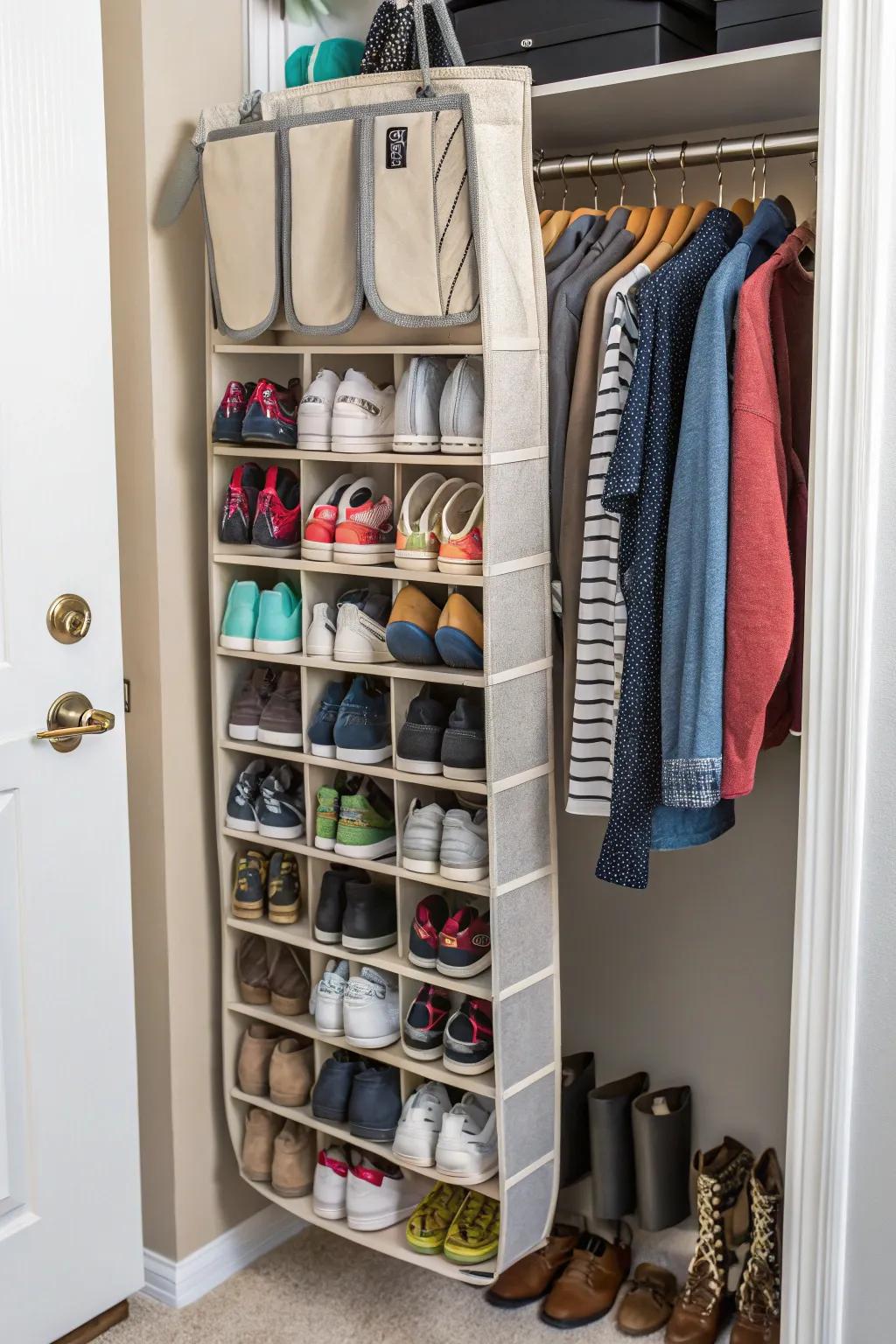 Hanging shoe racks save floor space and keep your shoes sorted and within reach.