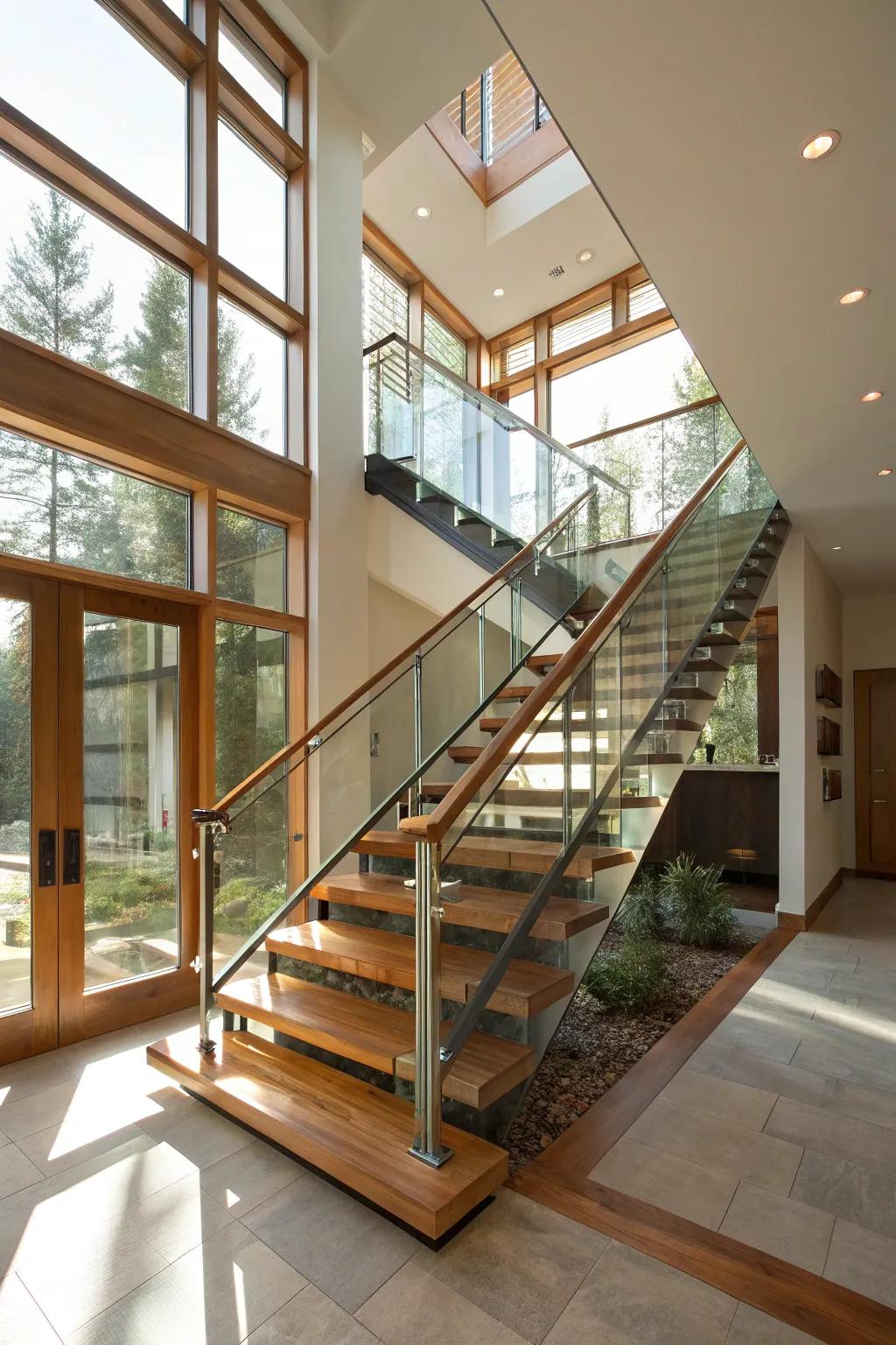 A modern staircase design employing mixed materials for a striking appearance.