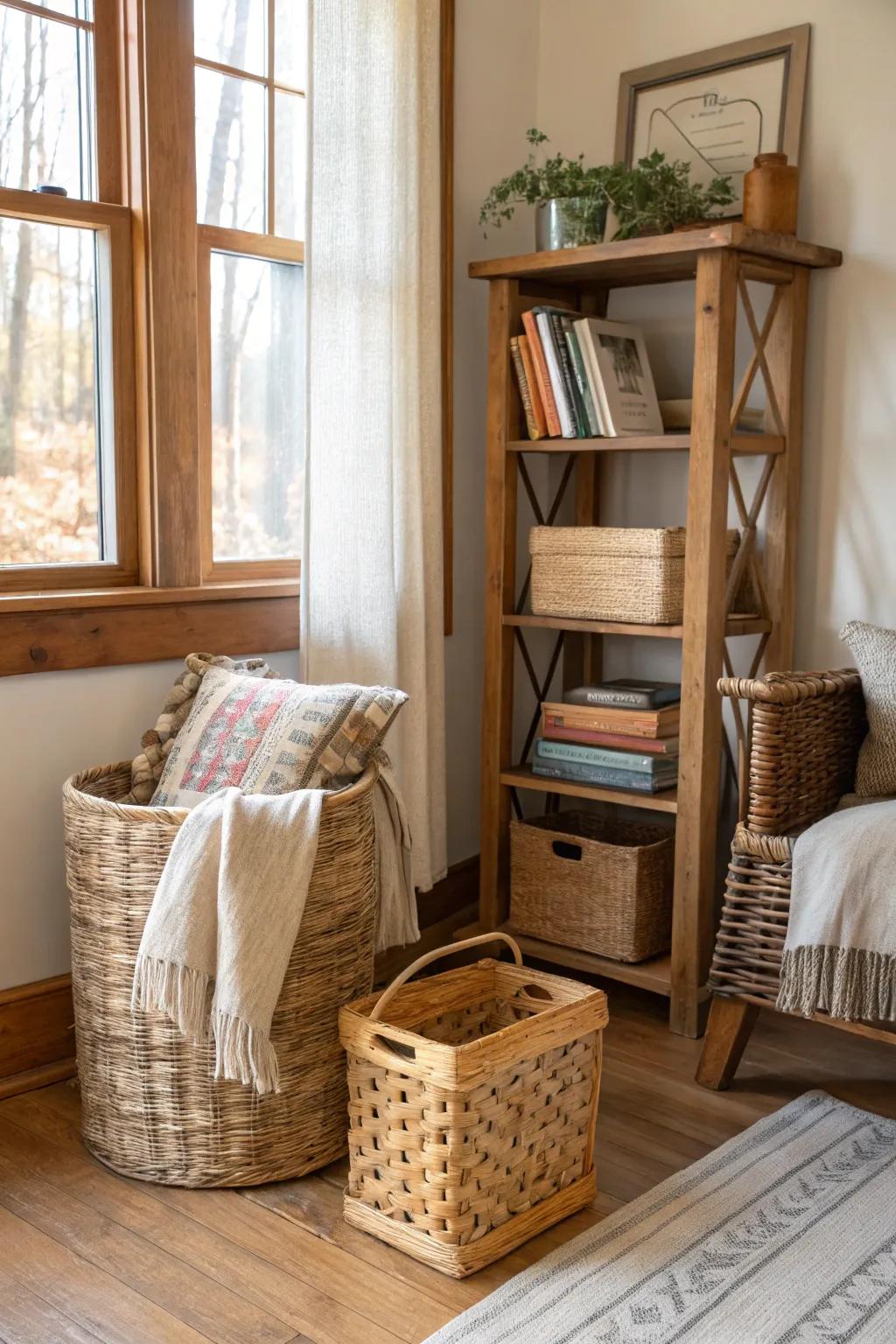 Organic materials such as wicker and wood bring an earthy vibe.