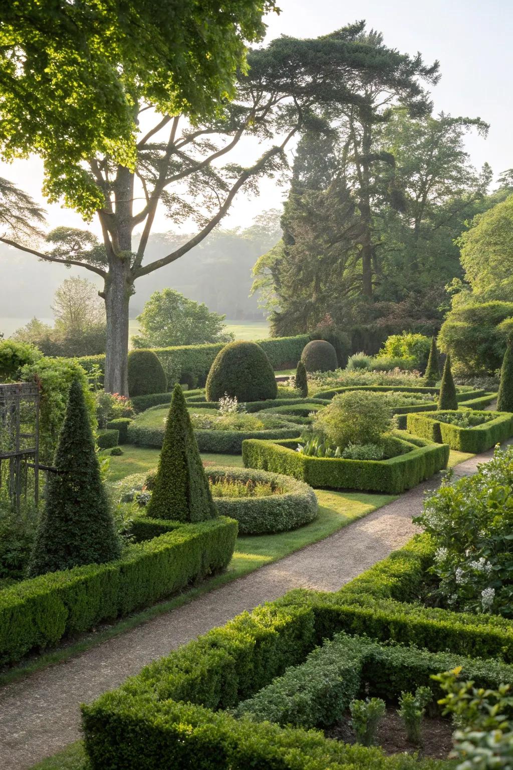 Shrubs and hedges offering structure and charm.