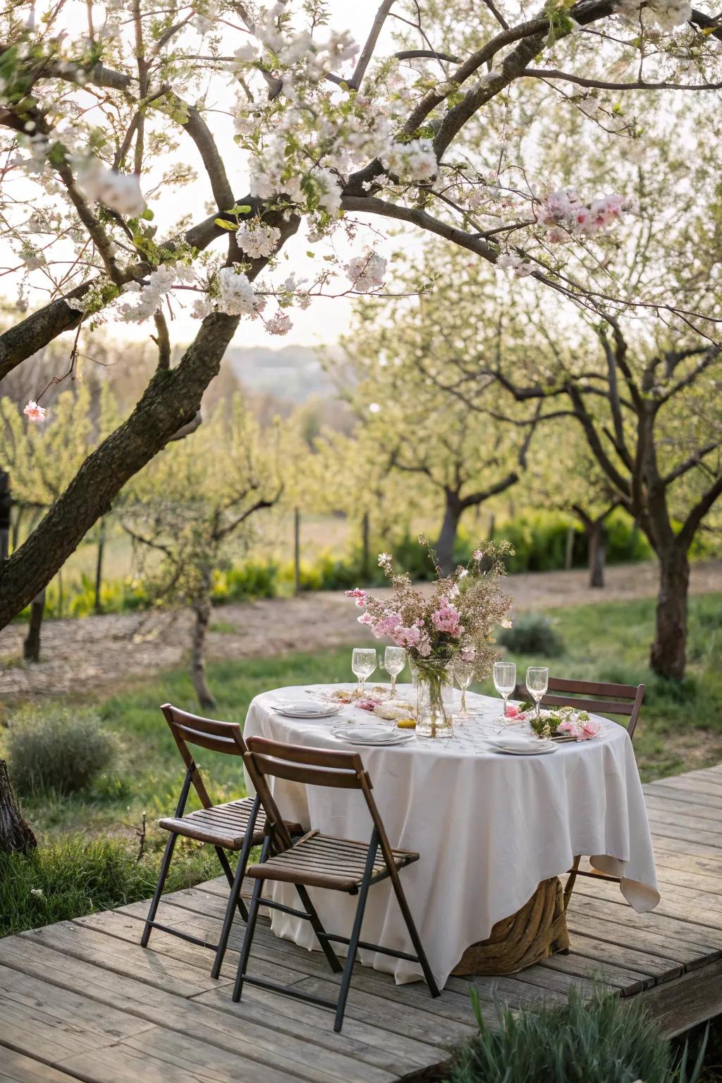 An outdoor table beautifully nestled amongst the blossoming splendor of spring.