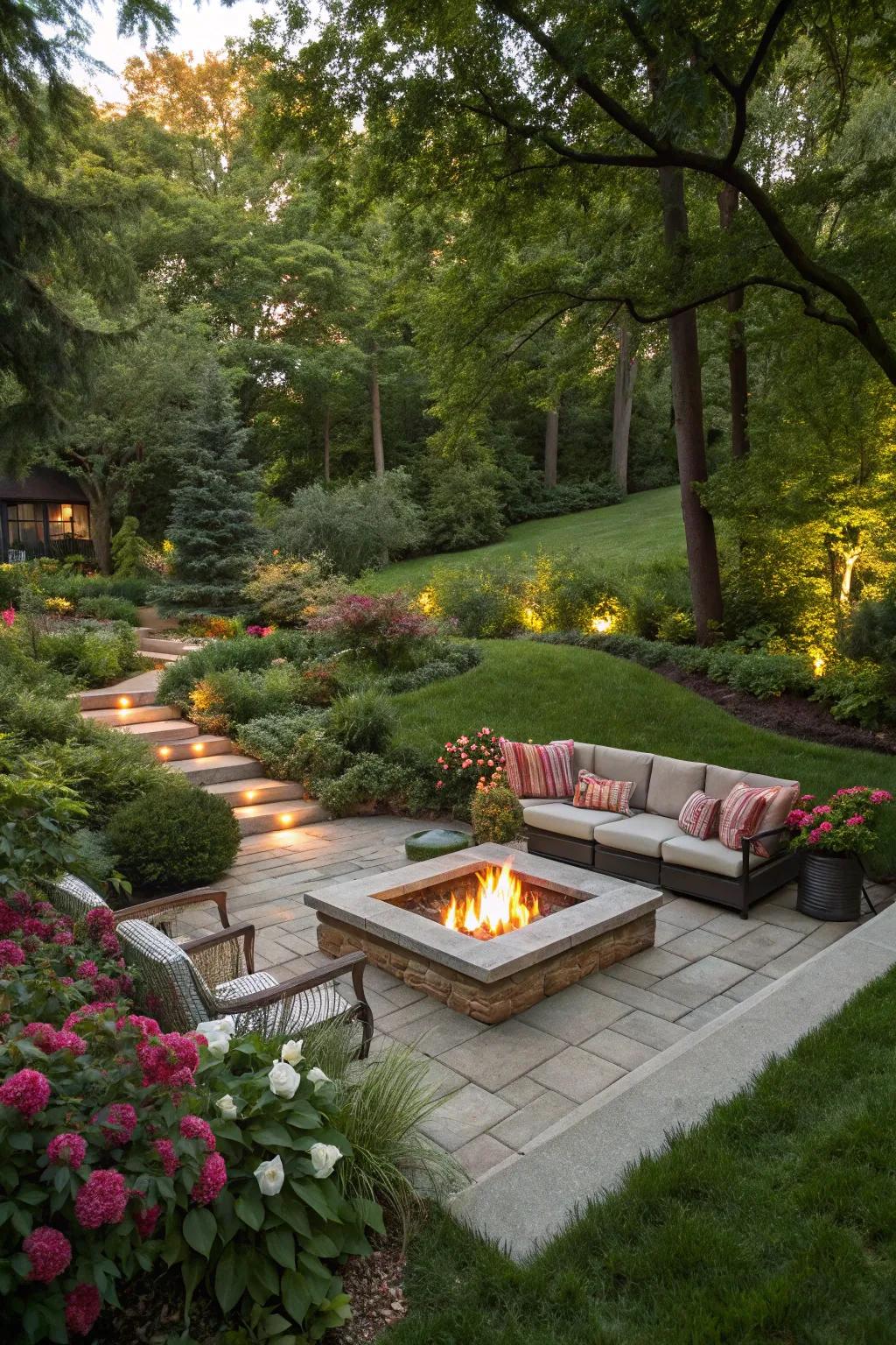 Sunken fire pits craft an intimate meeting place.