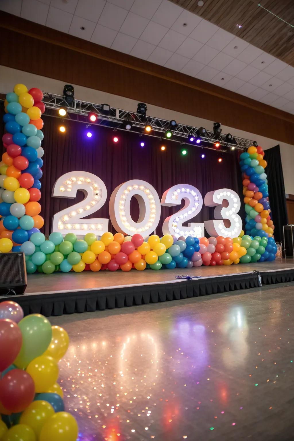 A New Year's Eve stage exhibiting '2023' in air-filled ornamentation.