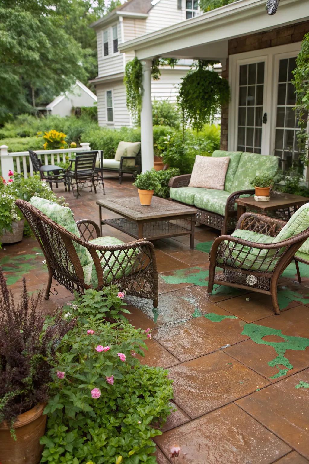 A creatively dyed patio with a mix of earthy and green tones.
