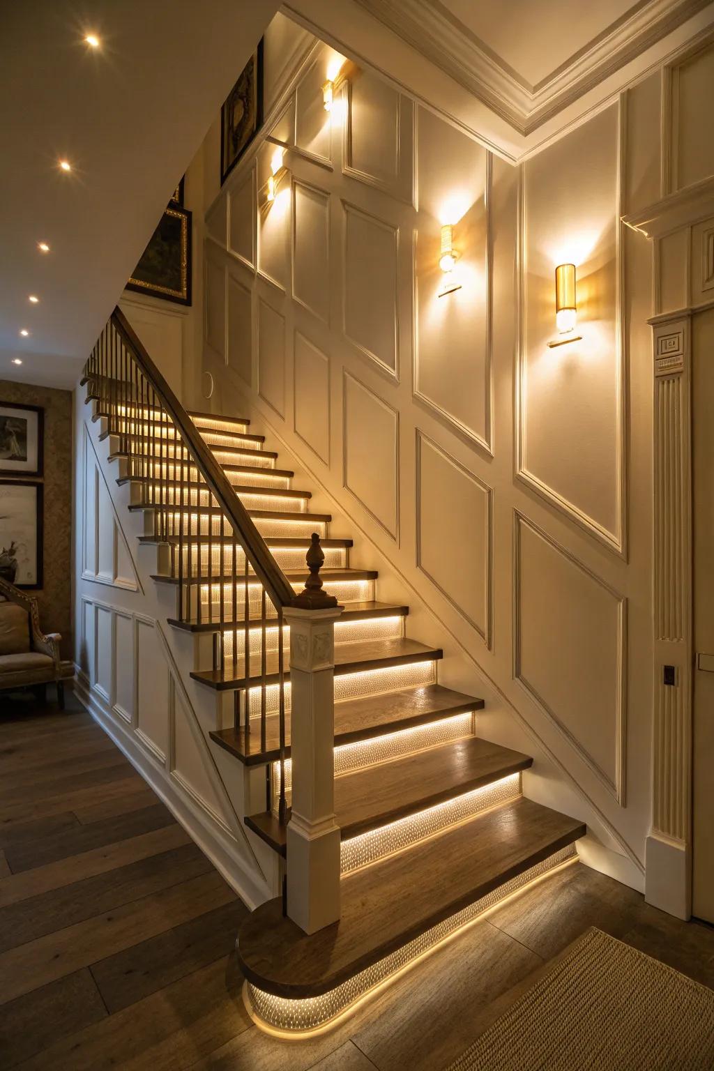 Accent lighting highlights the charm of stair paneling.