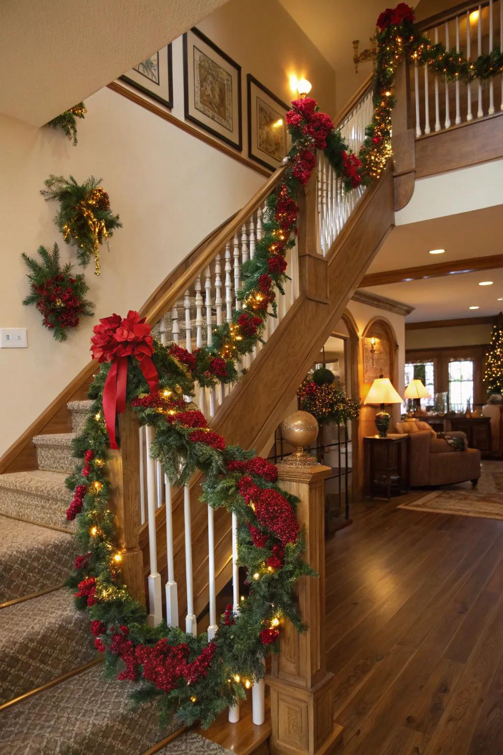 A festive color palette of red, green, and gold displayed on a staircase.