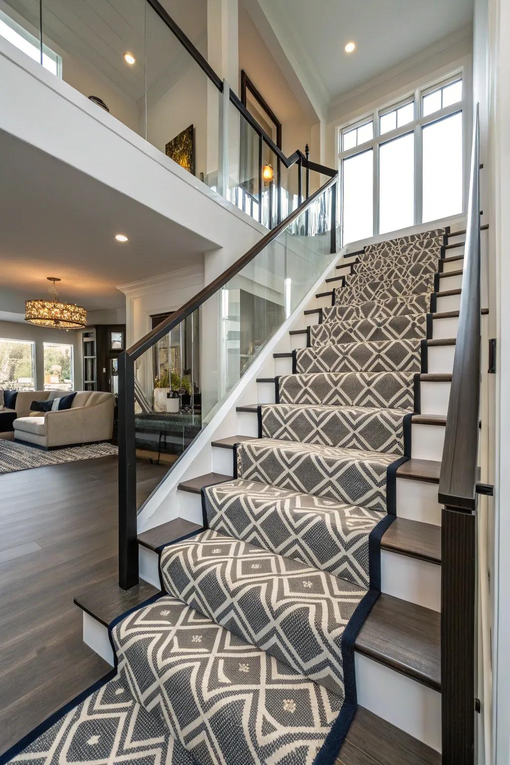 Geometric patterns add a contemporary flair to your stairs.