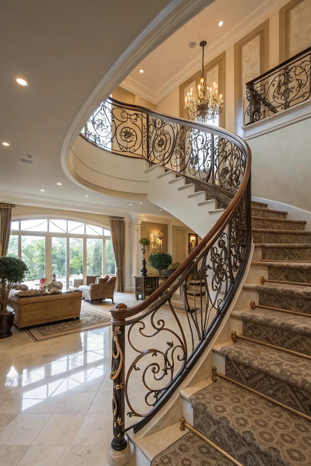 Artistic balustrades add a distinct and customized feel to this staircase.