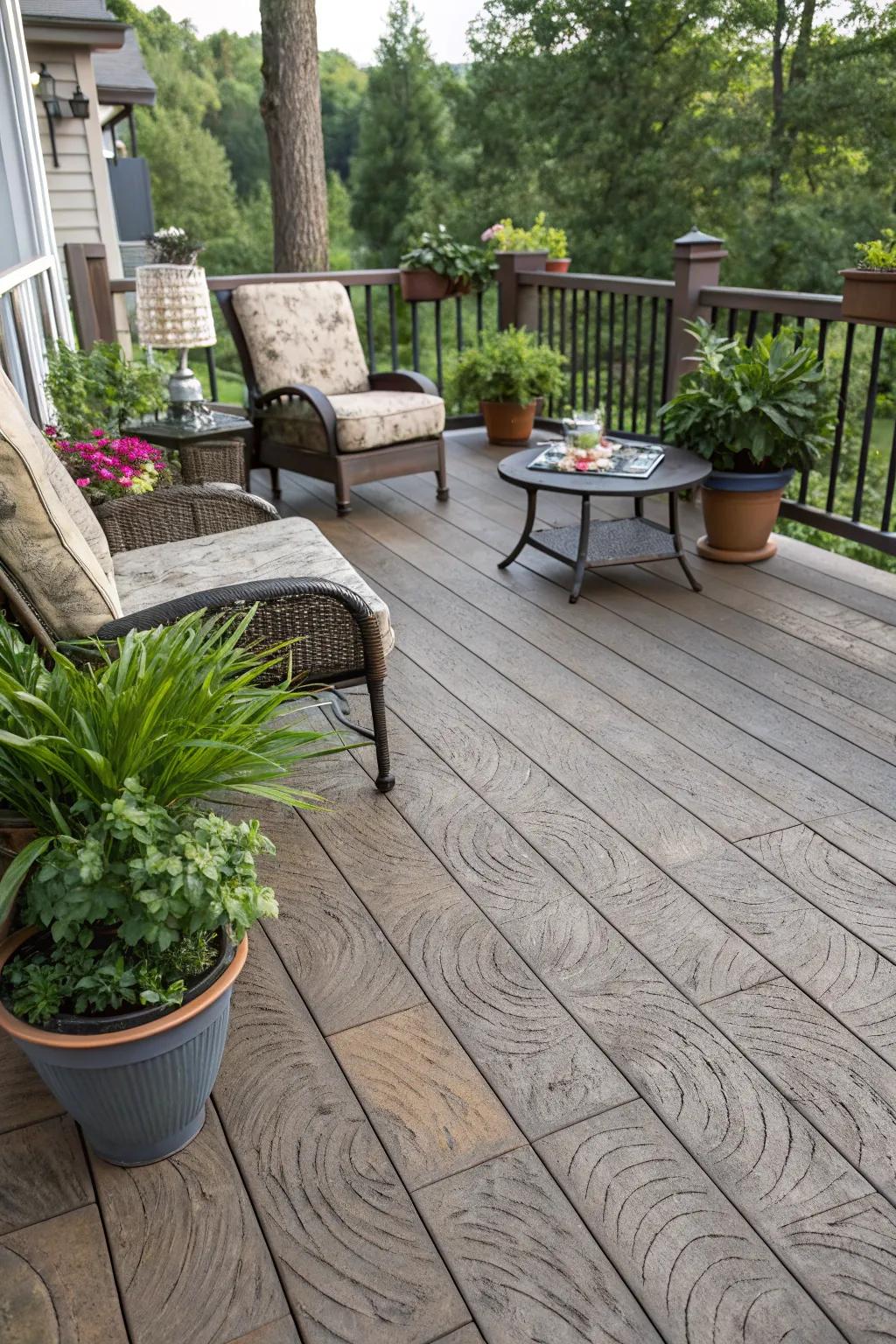 Timber-patterned concrete delivers rustic allure without the inconvenience.