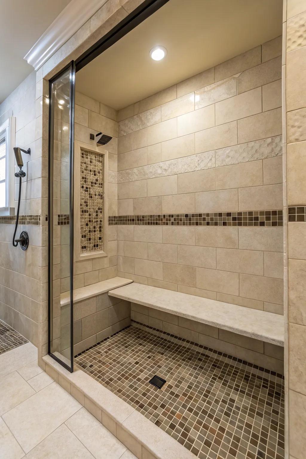 A built-in bench provides a comfortable spot for relaxation inside the shower.