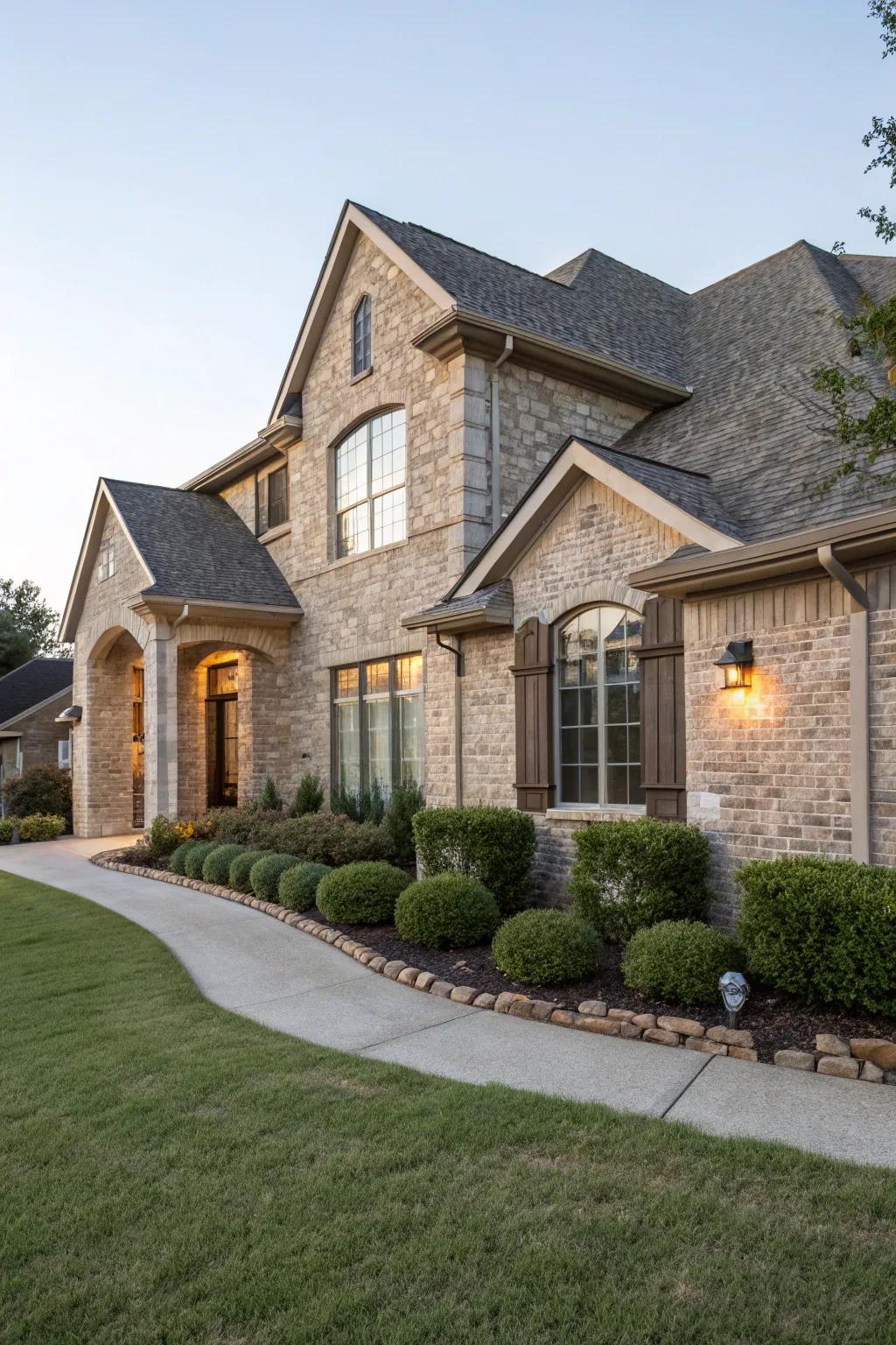 Organic elegance achieved by using tan brick and grey fieldstone.