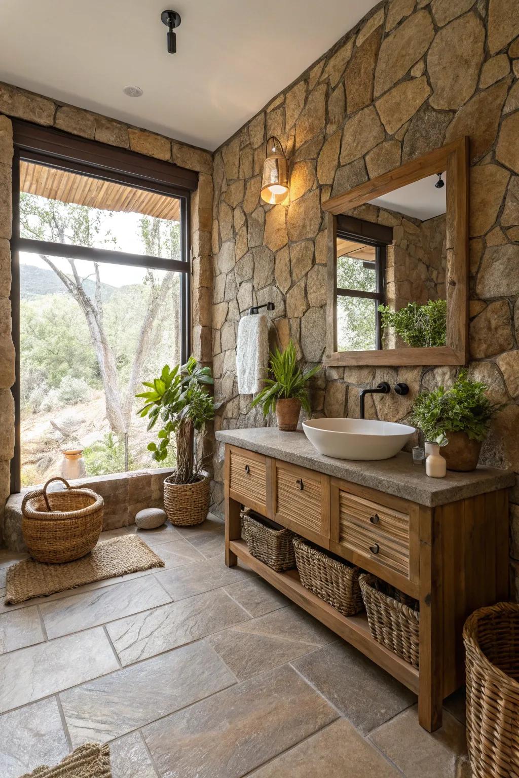 A stone bathroom featuring earthy hues with natural decor touches.