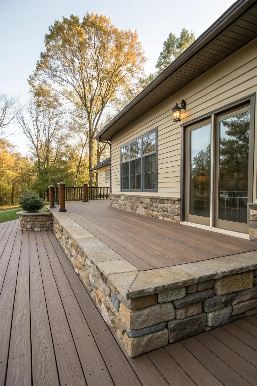 Stone skirting that flawlessly complements the color scheme of the house.