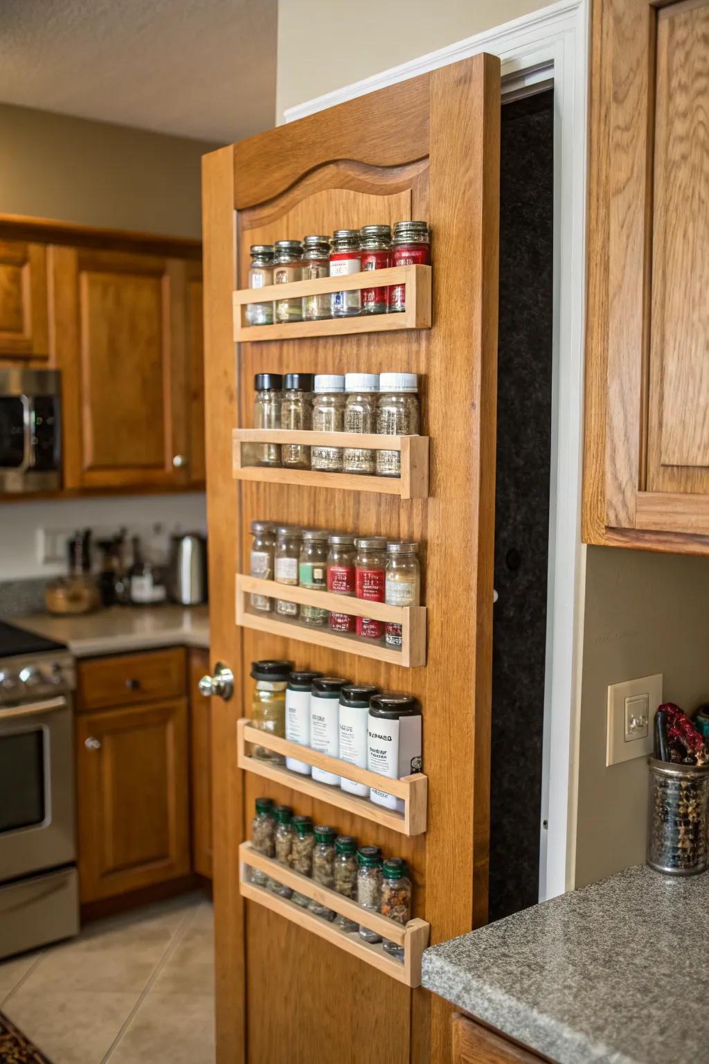 A kitchen door has a mounted spice rack.