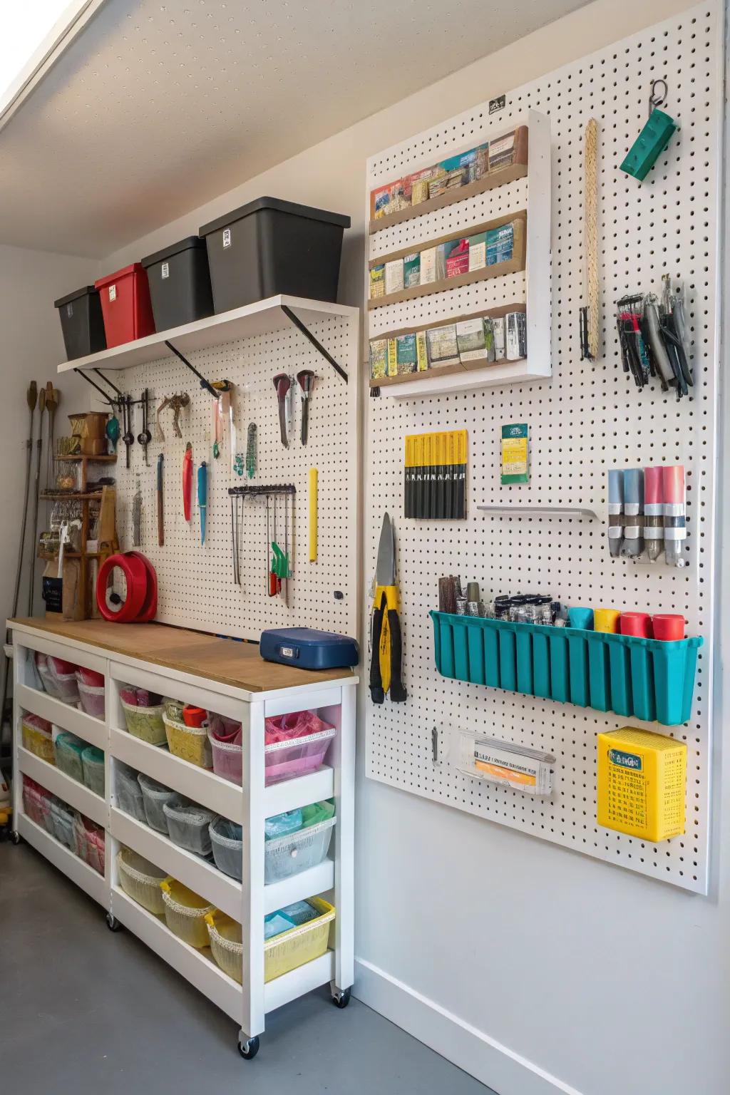 Pegboards offer customizable storage.