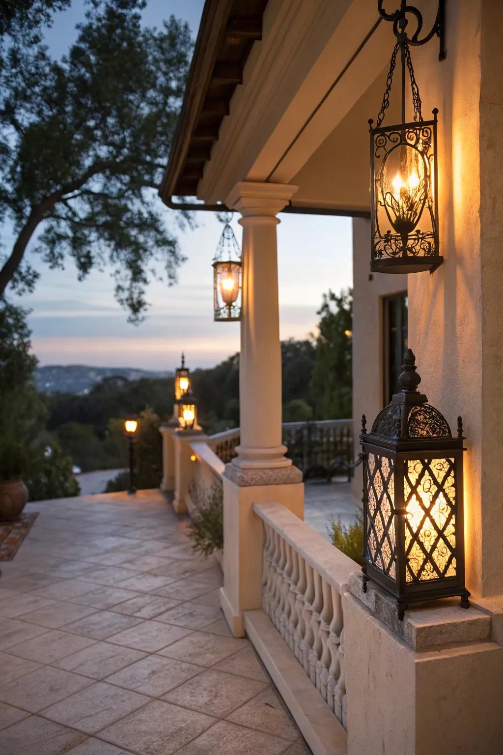 Chic lights light up the stucco porch beautifully.