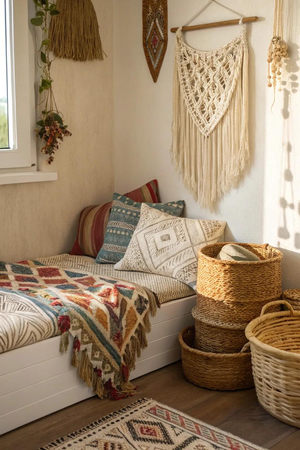 Form a bohemian retreat with unique textures.