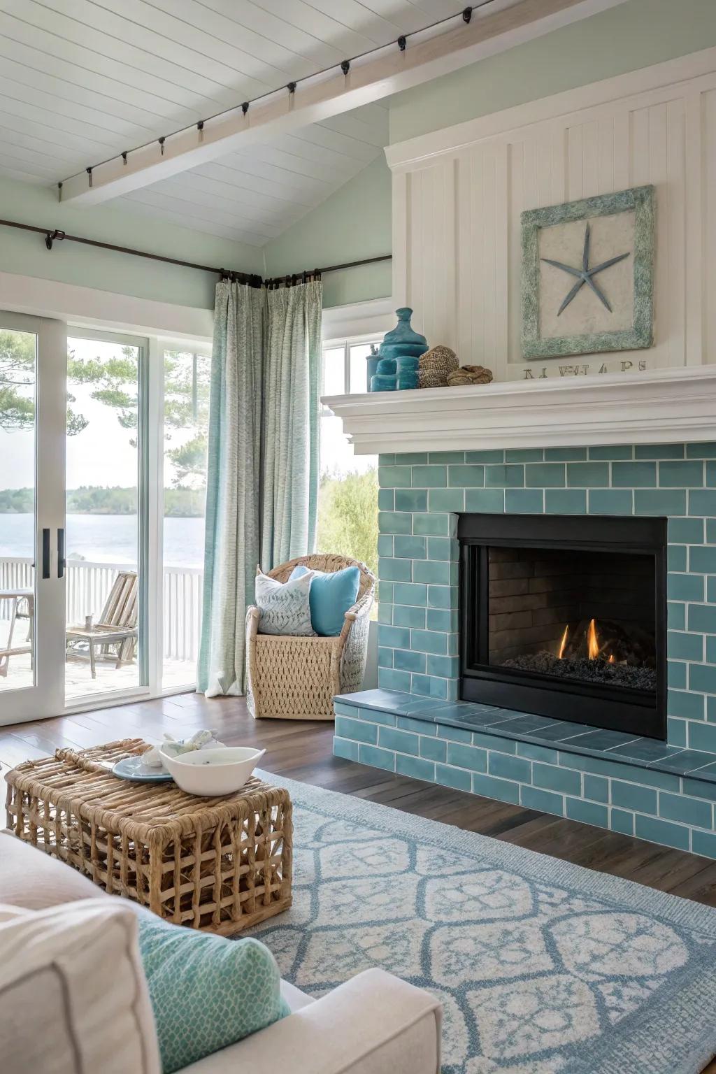 Refined color shades in rectangular tiles generate a calming coastal vibe.