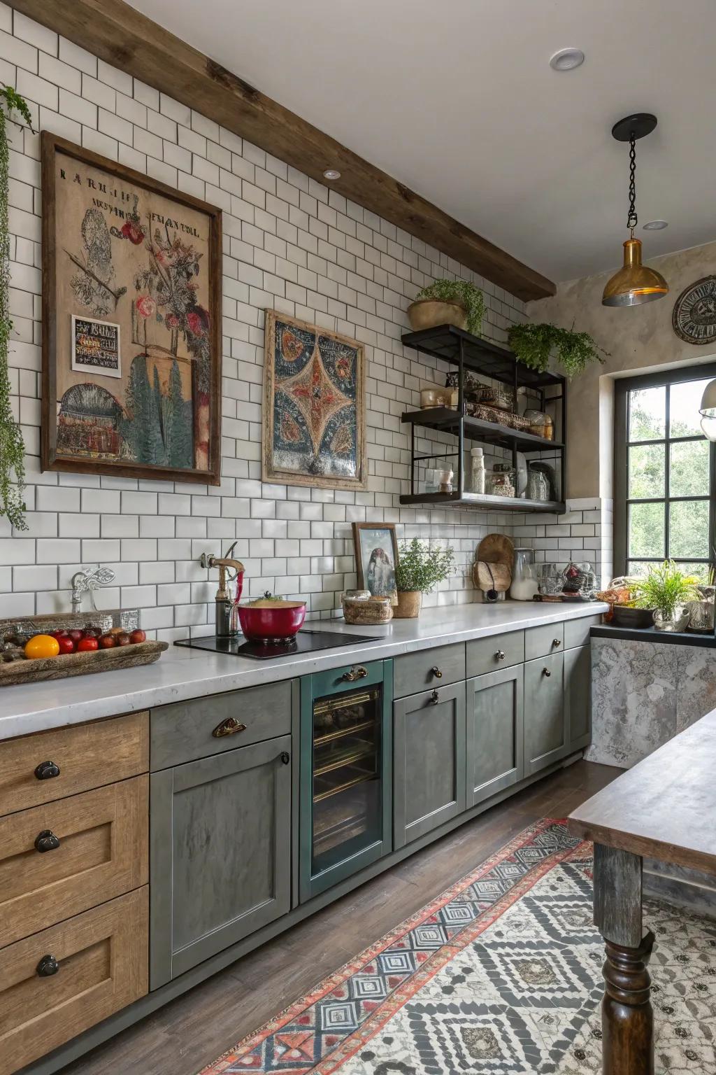 An assortment of surfaces within rectangle coverings engenders a vibrant and stylish cooking space.