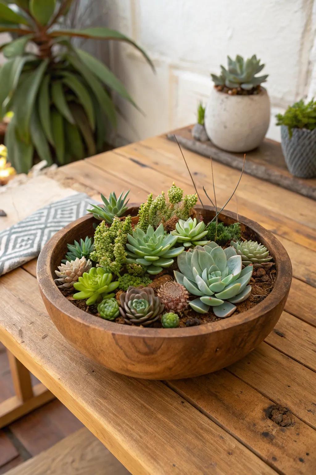 A rustic succulent garden presented in a charming wood bowl.
