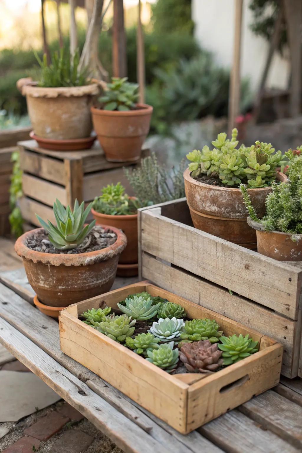 Earthy elegance featuring earthenware containers and timber boxes brimming with succulents.