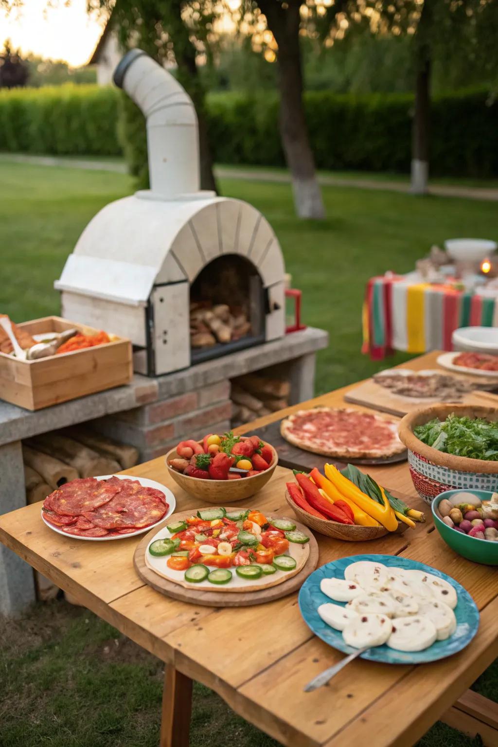 A lively al fresco pizza party with fresh ingredients.