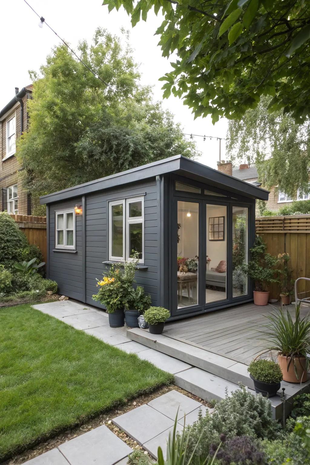 A sleek summer house in stylish graphite, perfect for urban yards.