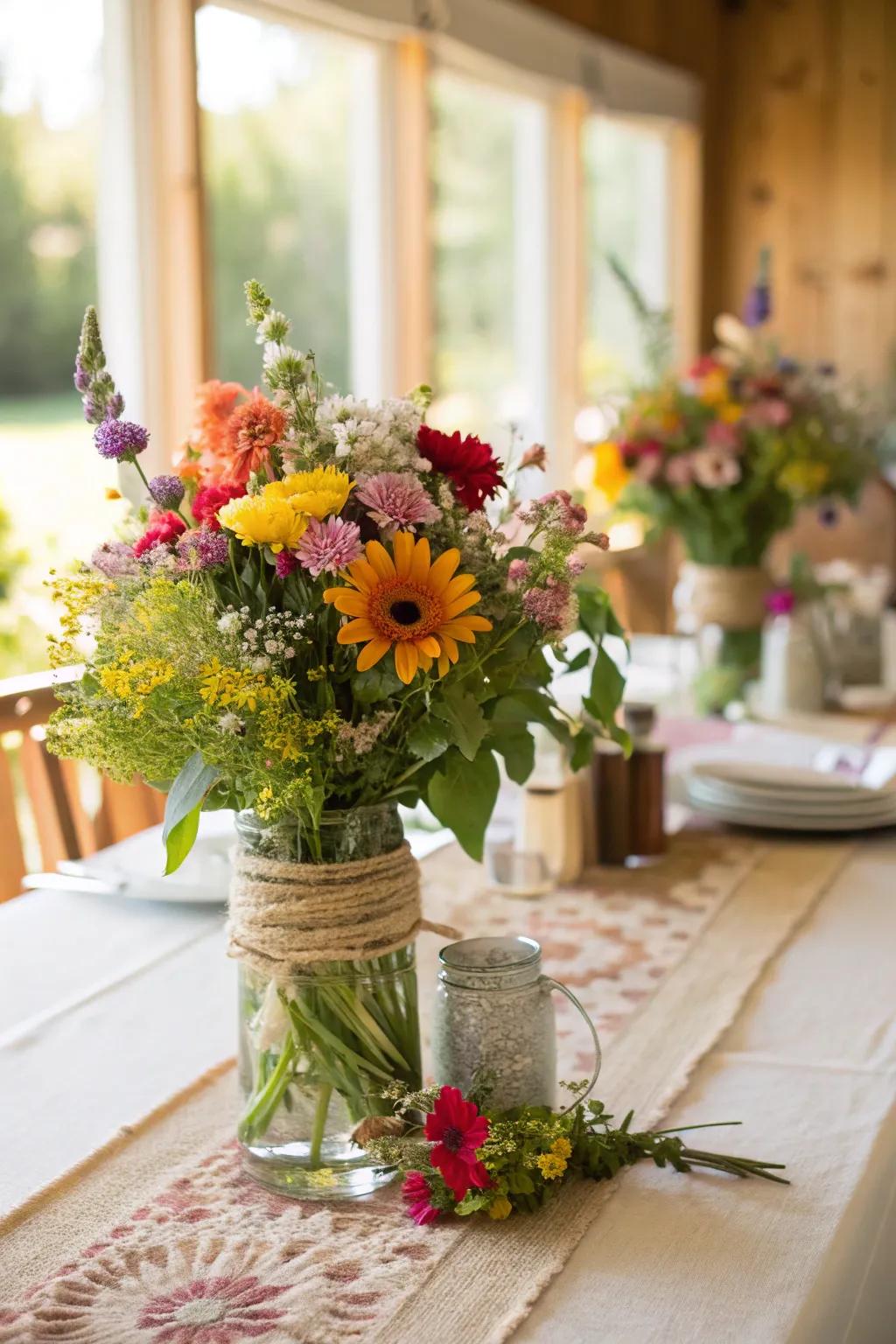 A table presentation showcasing DIY floral centerpieces.