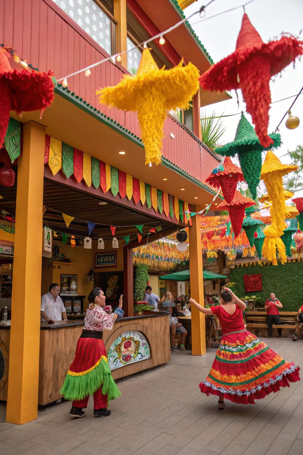 A vibrant, festive Mexican celebration displaying colorful decor.