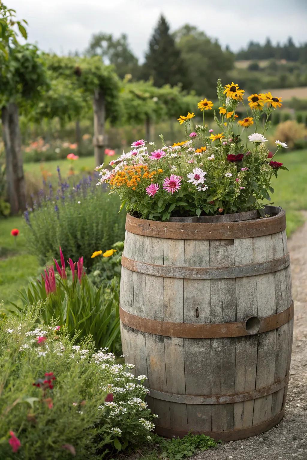 A country-style wooden cask overflowing with wildflowers