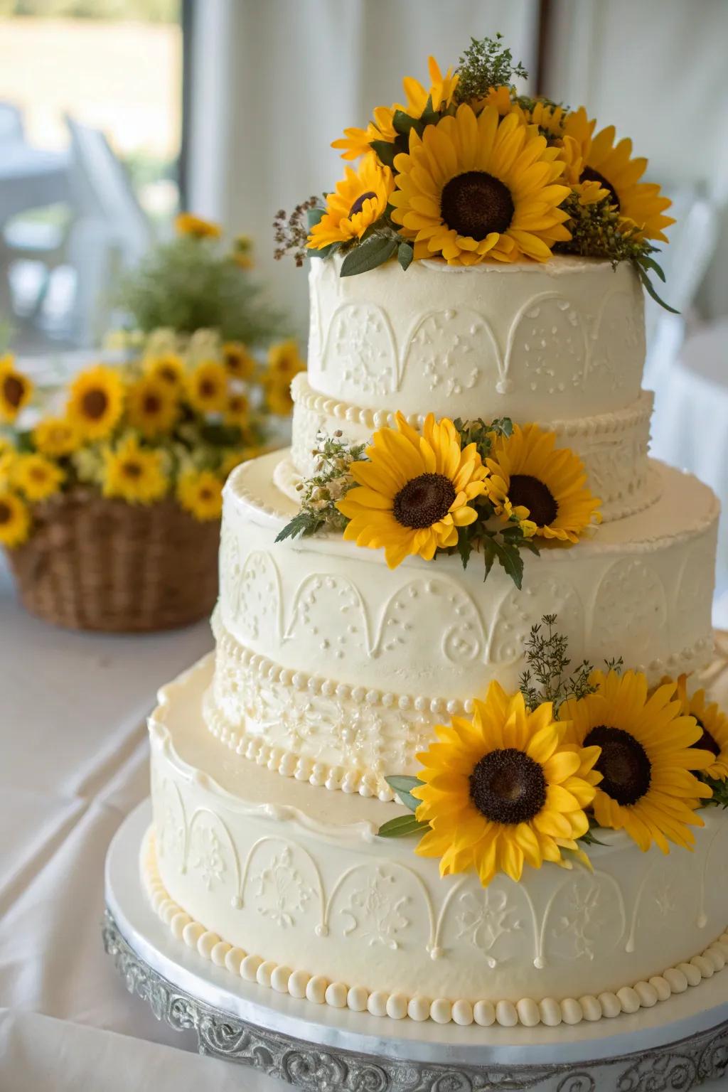 A wedding cake adorned with charming daisy toppers.