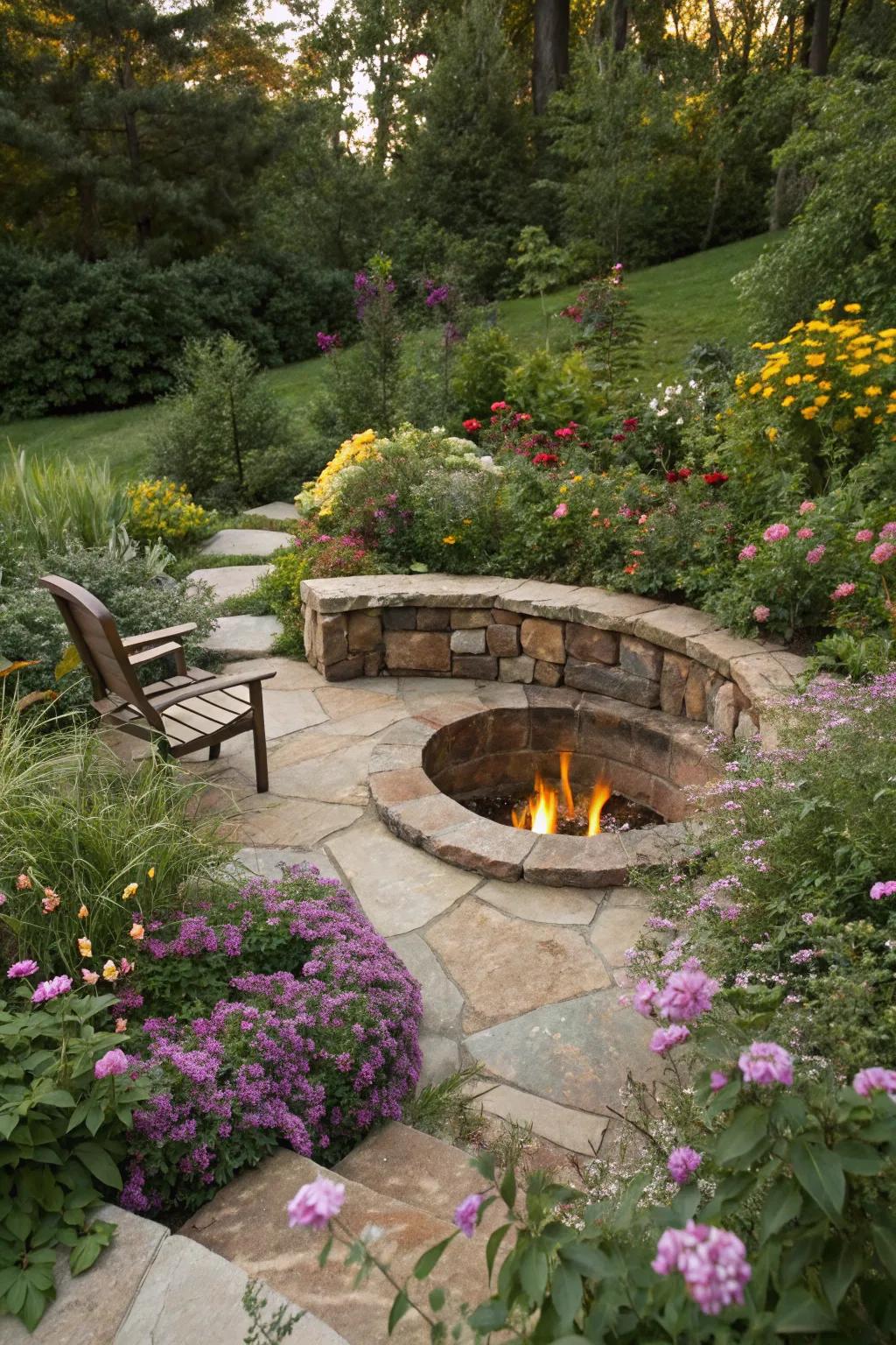 A garden oasis with a sunken fire pit at its heart.