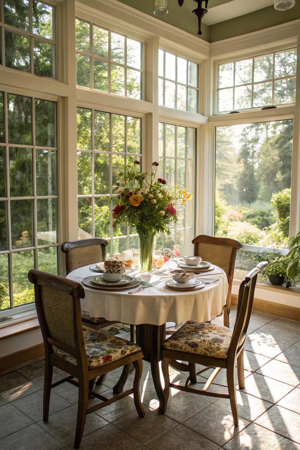 A sunroom converted into a delightful dining area.