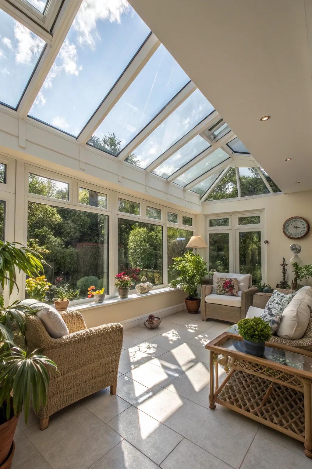 Overhead windows fill your sunroom with celestial light.
