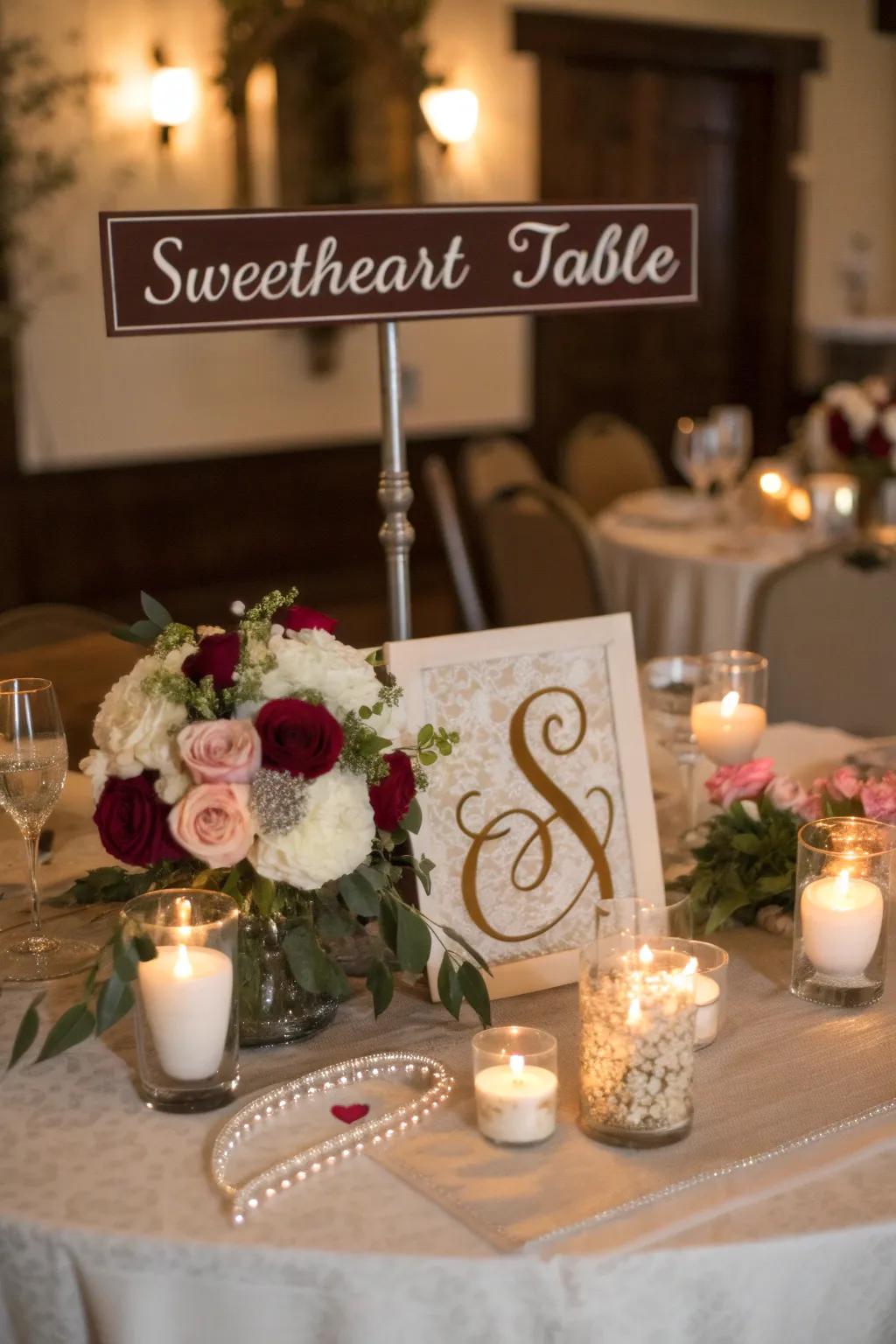 A sweetheart table showcasing personalized signage and monograms for a distinctive element.