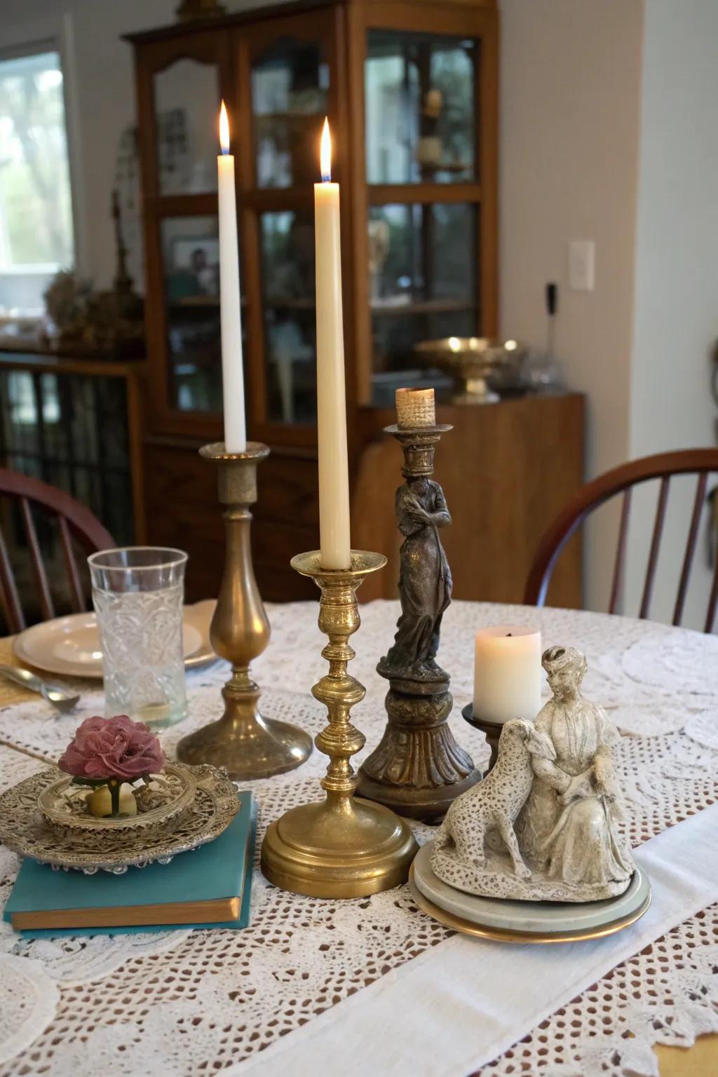 A varied collection of antique finds creating a unique centerpiece.
