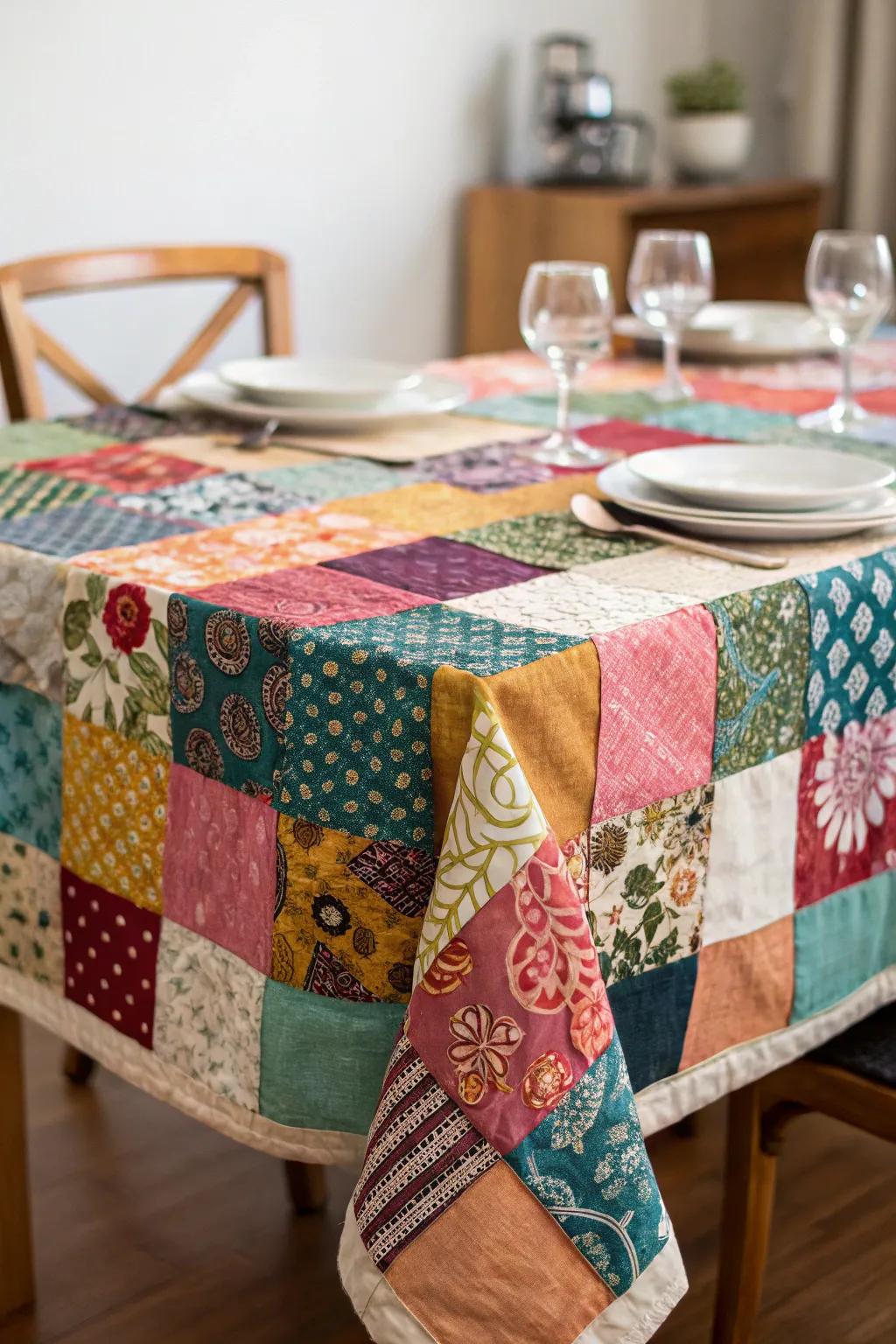 Patchwork tablecloths infuse a personal and creative highlight.