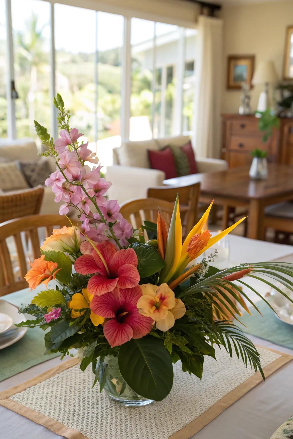 A tropical floral arrangement bringing a touch of paradise to the table.