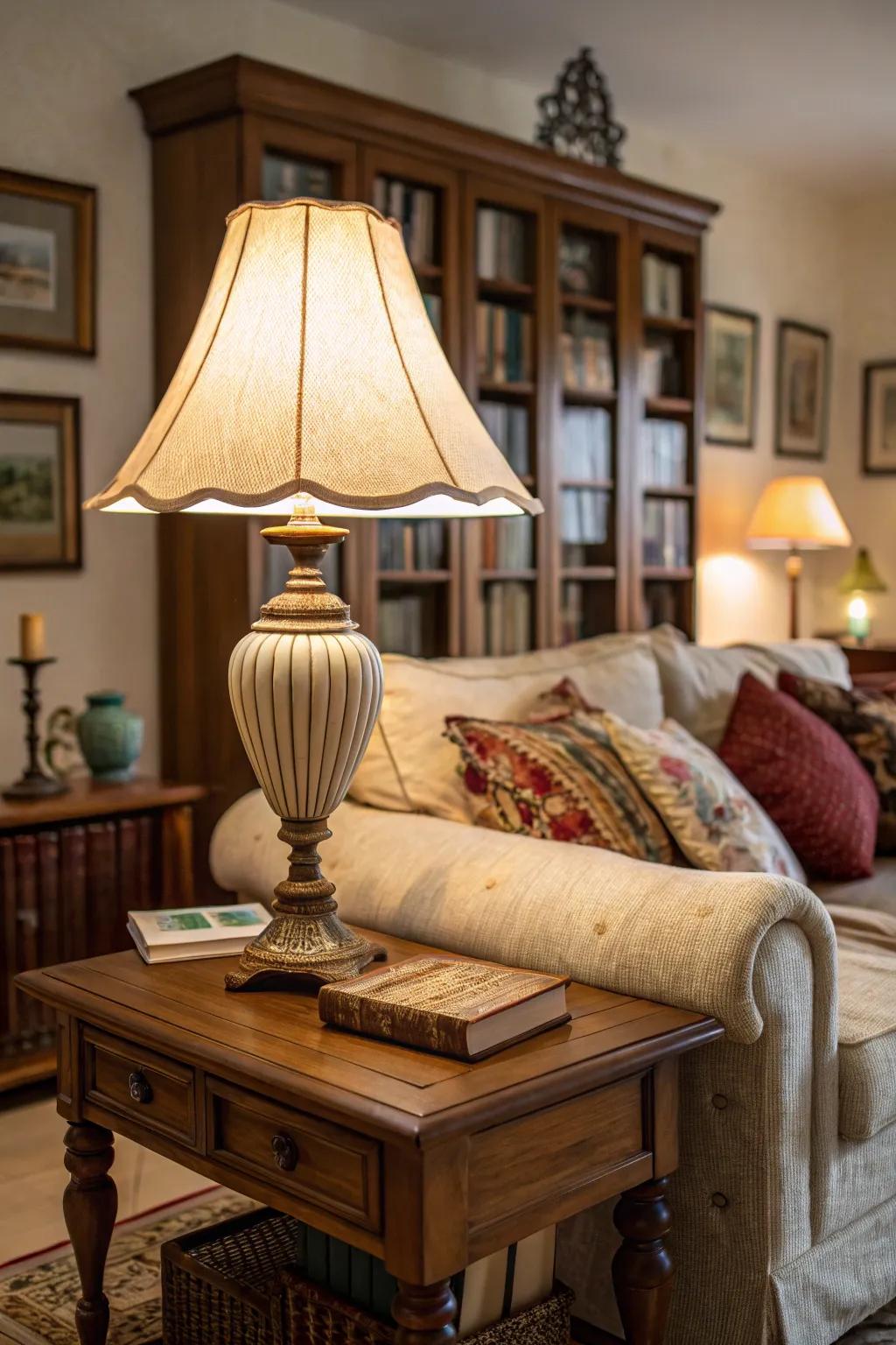 A vintage table lamp adds ageless elegance to a traditional living room.