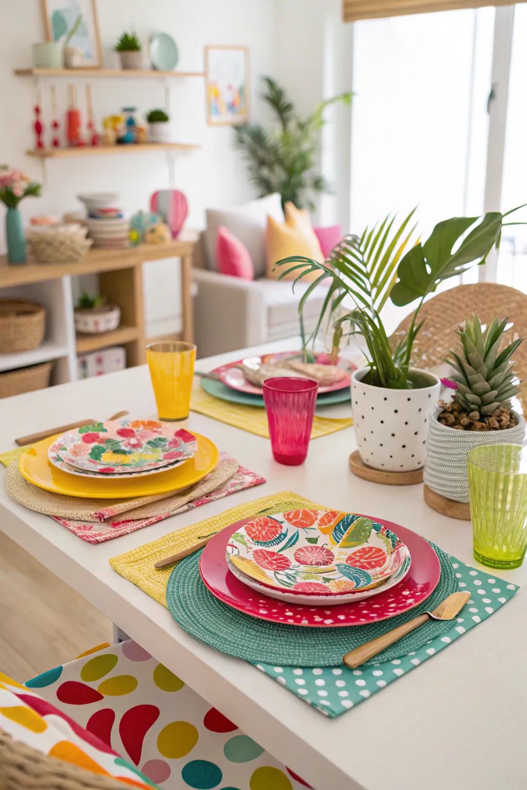 A playful table arrangement featuring vibrant hues and delightful adornments.