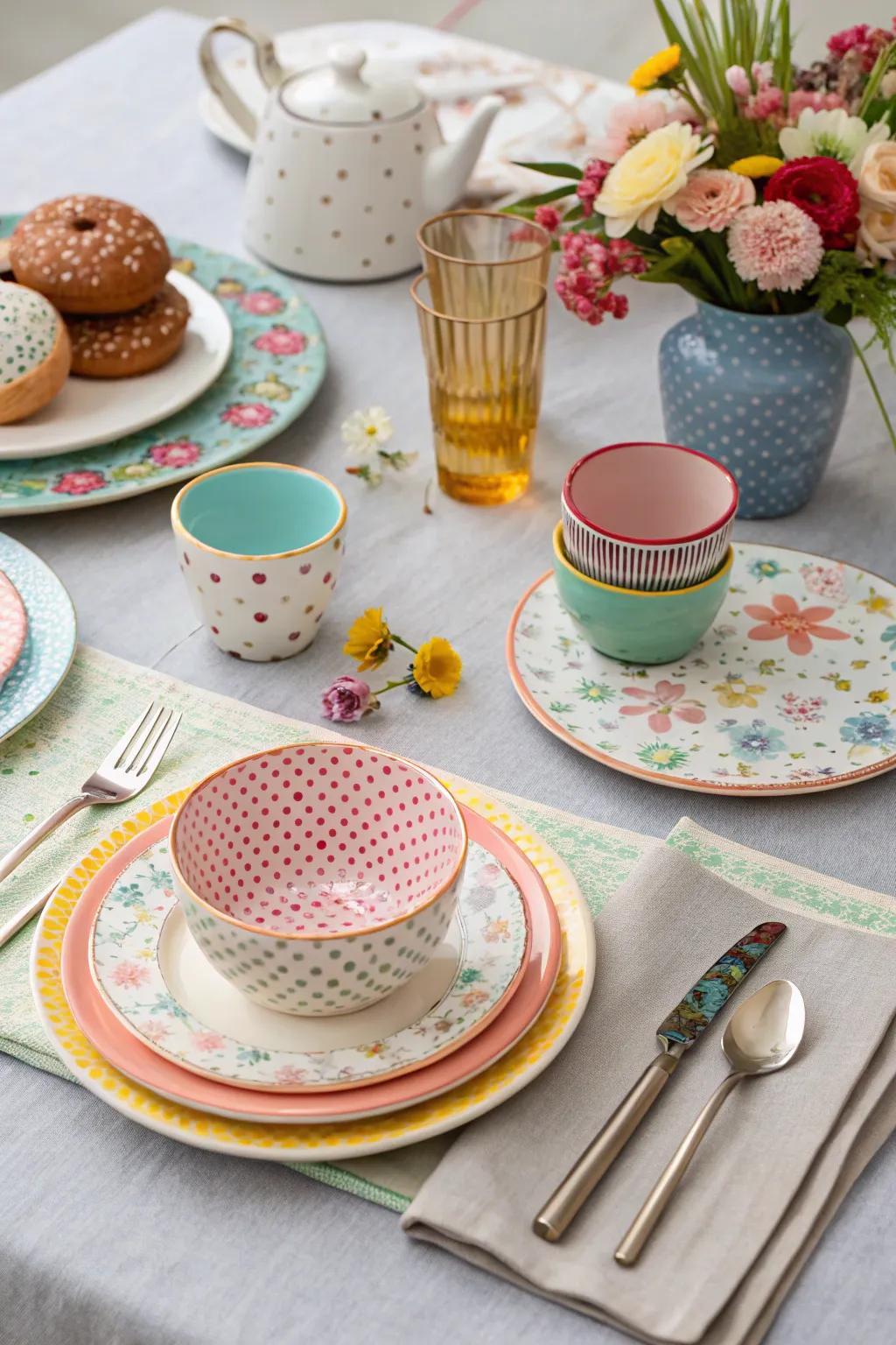 An eclectic mix of tableware adds character.